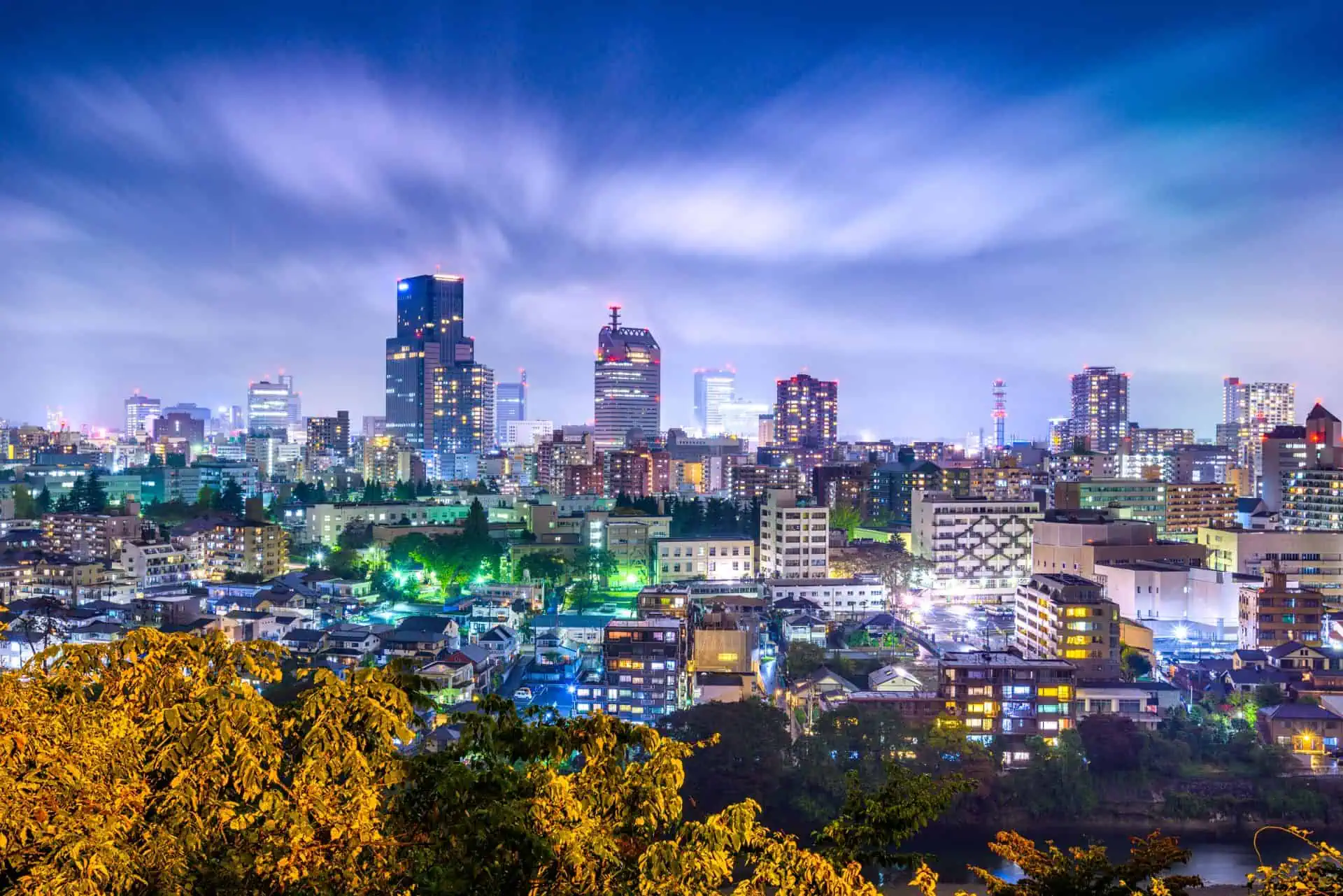 Sendai, Miyagi cityscape with modern buildings and surrounding greenery