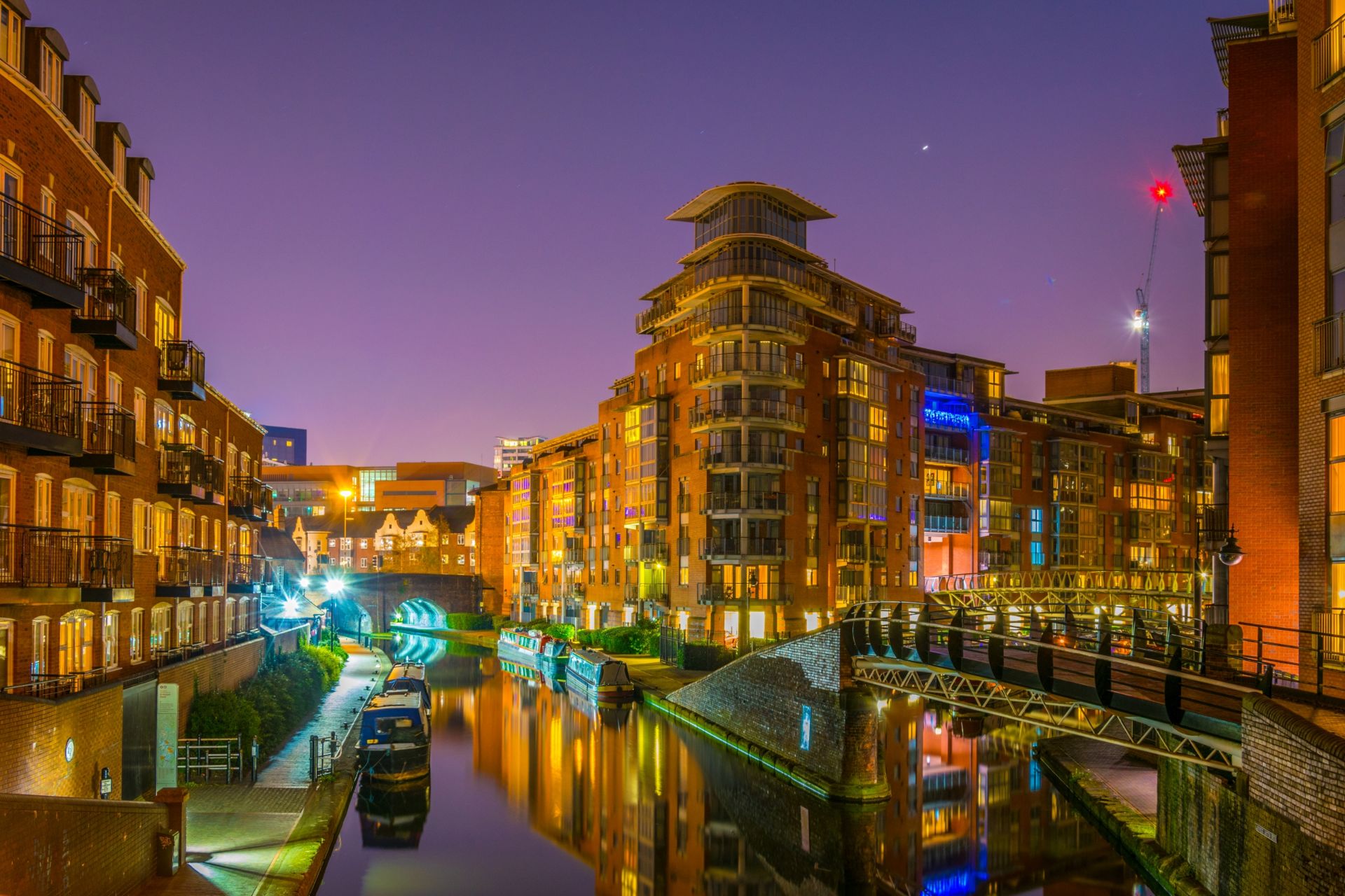 brick buildings next to a water channel in the center of Birmingham
