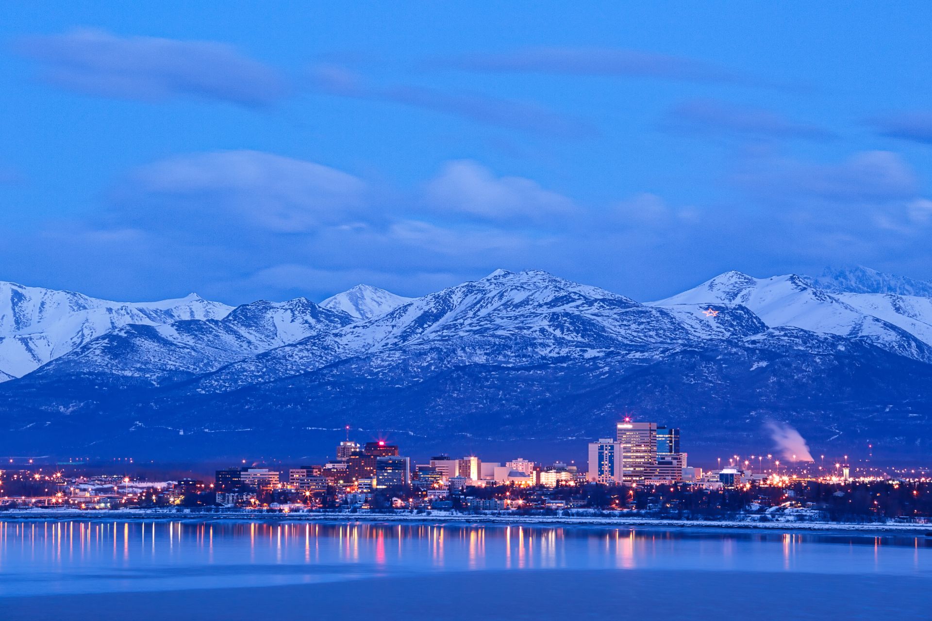 Anchorage Alaska in winter at sunset