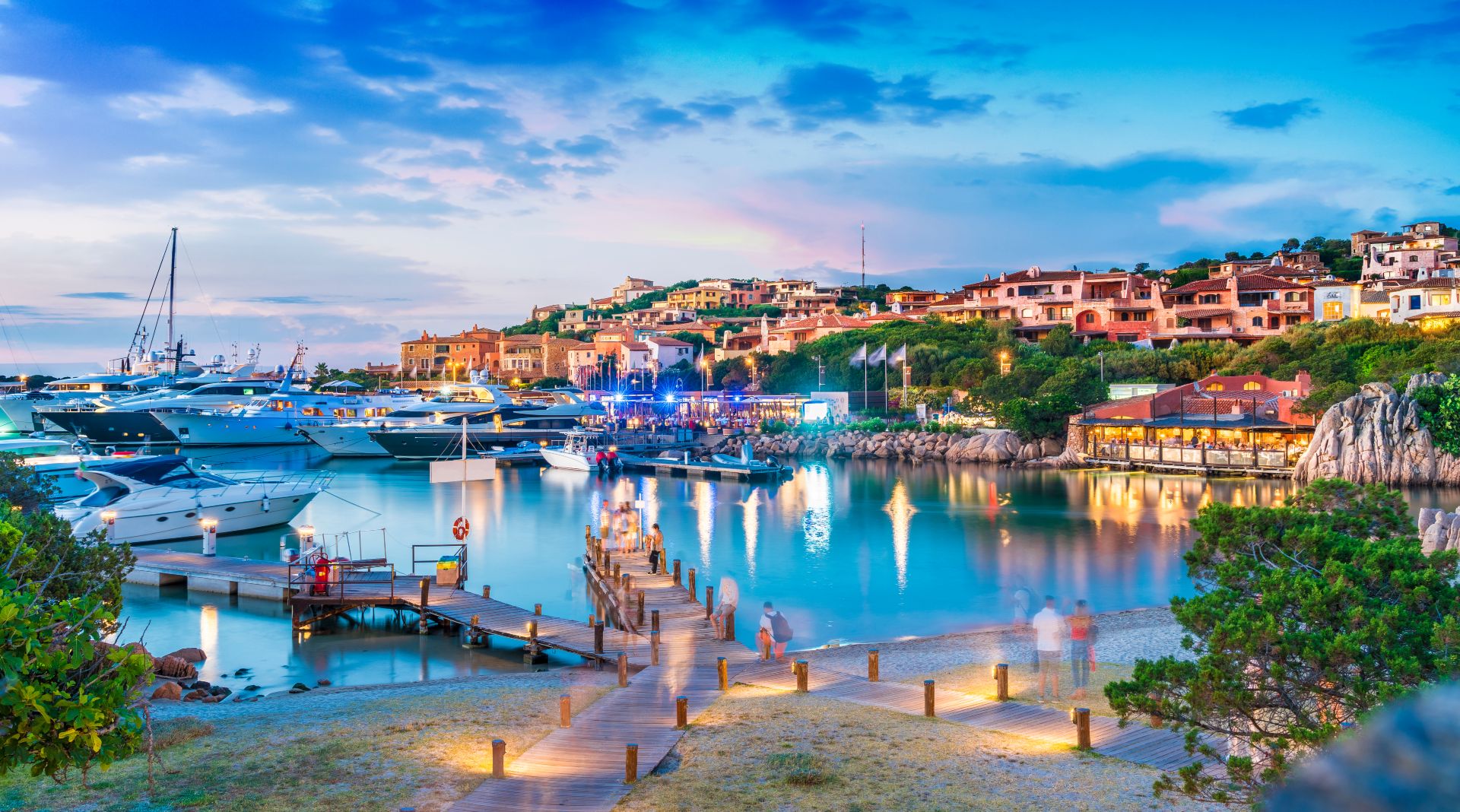 View of the port and the village of Porto Cervo, Sardinia island, Italy