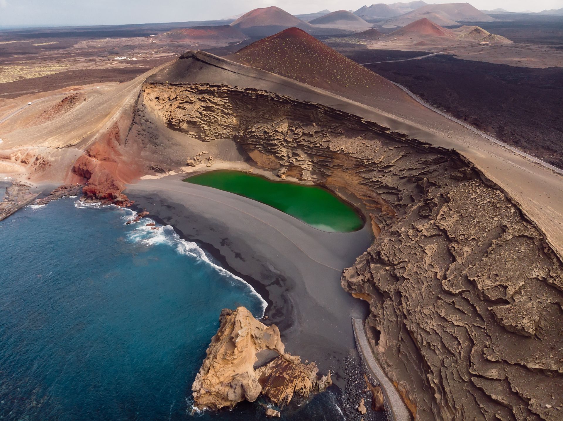 Majestic panorama of green volcanic lake