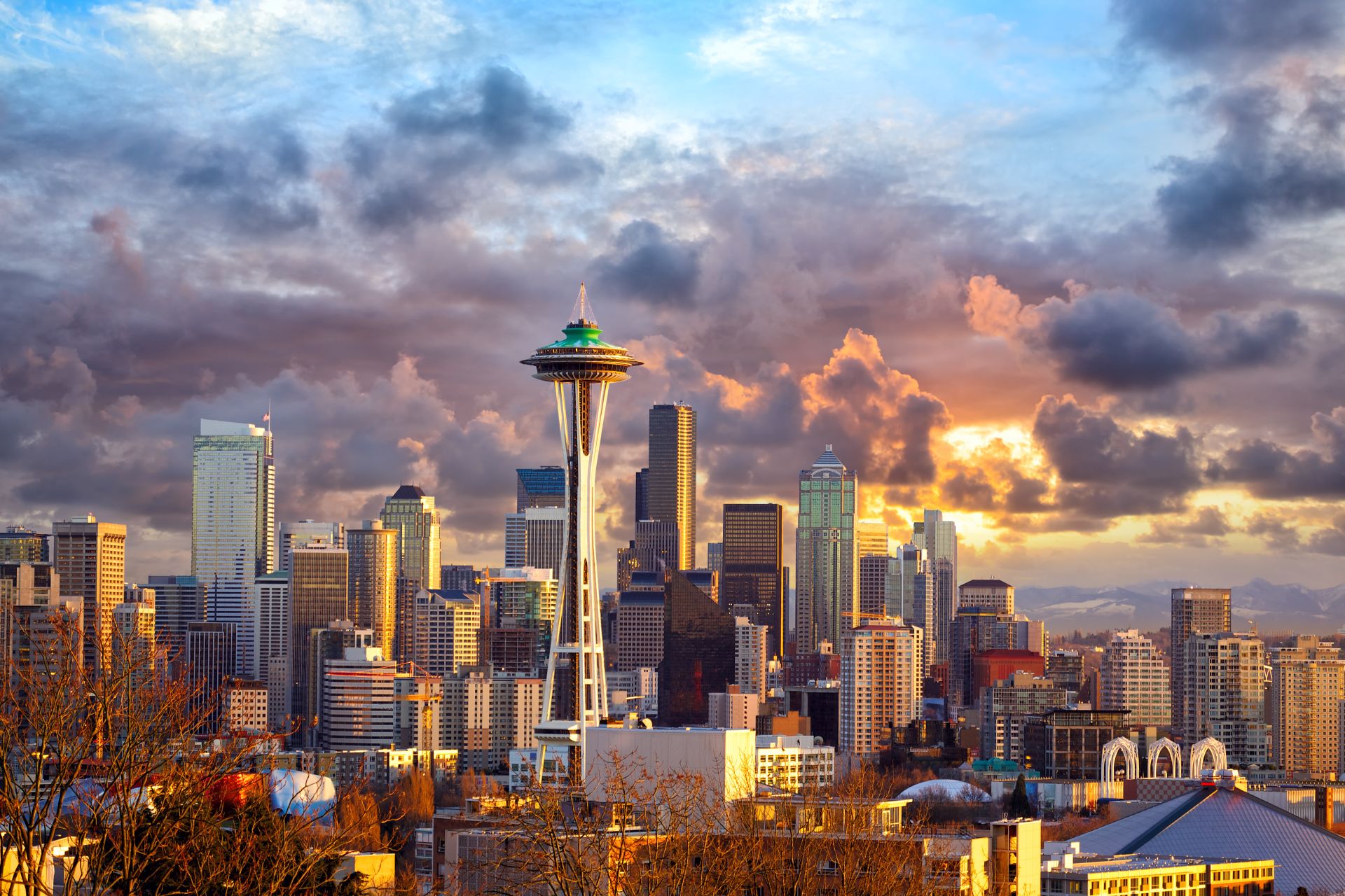 Skyline Seattle au coucher du soleil, WA, USA.