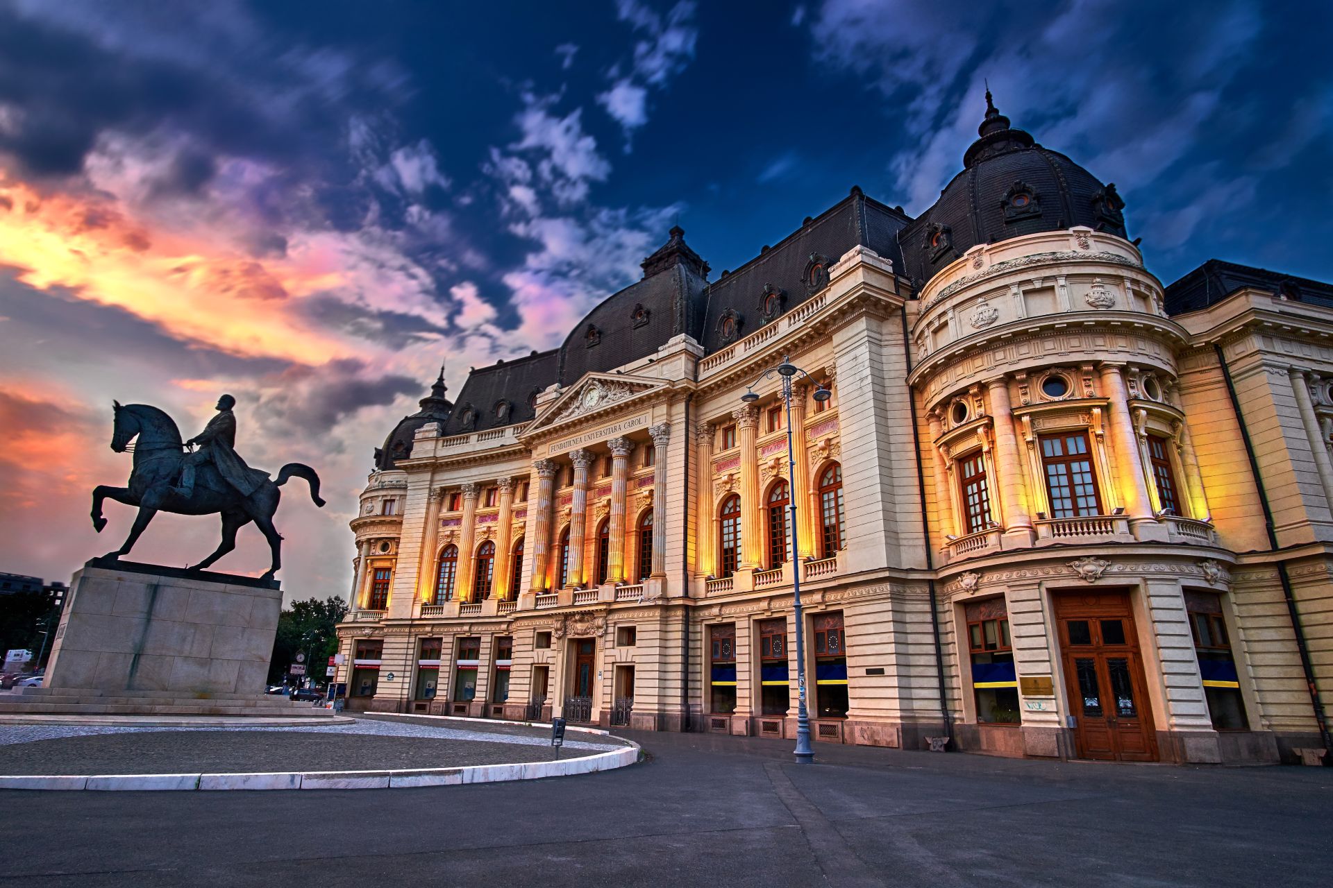 Bucharest at sunset. Calea Victoriei, National Library