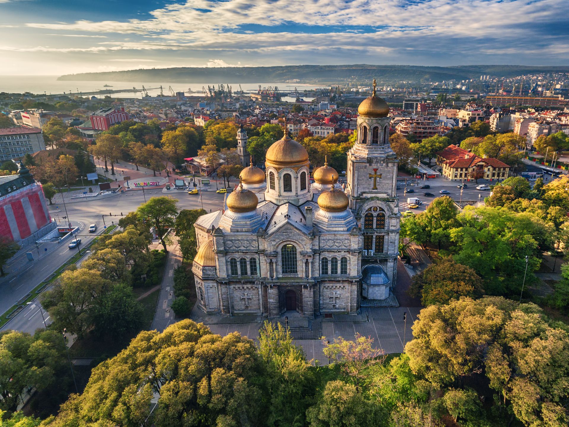 Aerial view of the Assumption Cathedral in Varna