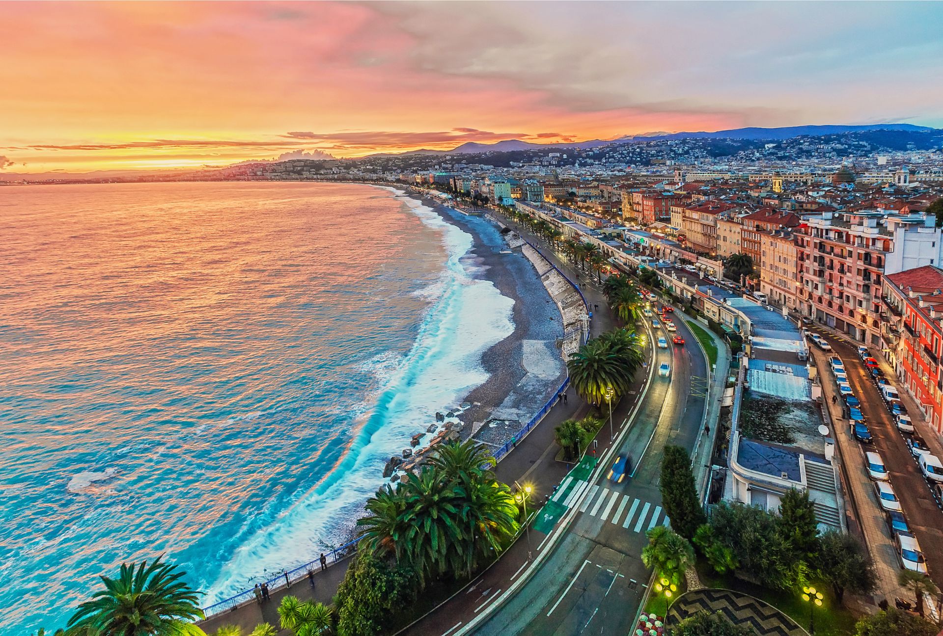 Frontal view to the Mediterranean sea, Bay of Angels, Nice, France