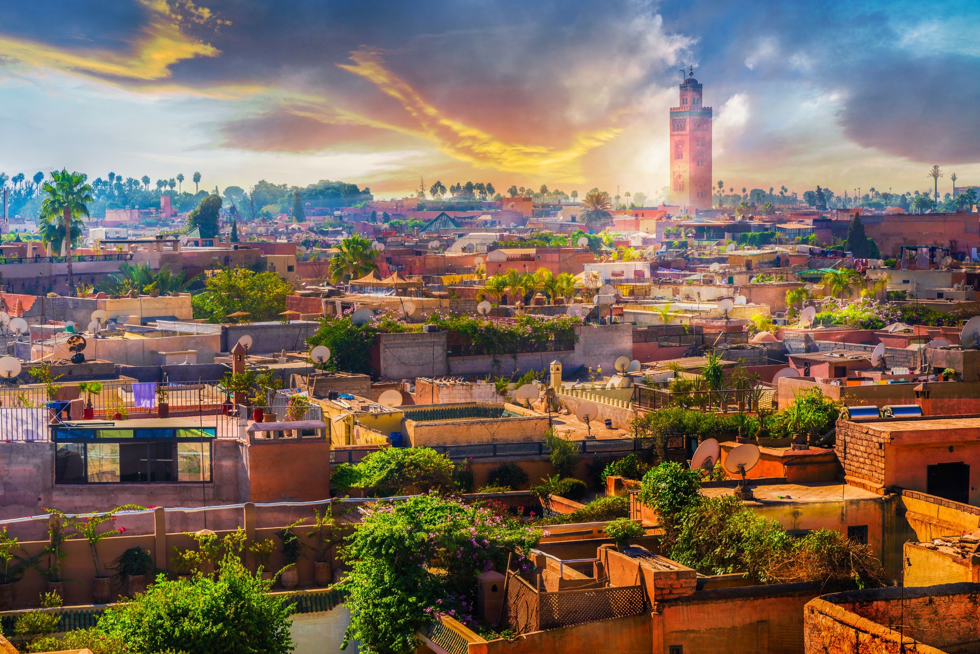 Panoramic views of the medina in Marrakech, Morocco