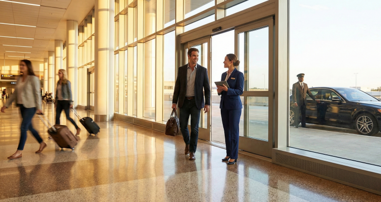 A sharply focused arrival hall bathed in soft, golden afternoon light. A well‑dressed traveler emerges from sliding glass doors, escorted by a poised airport concierge in a tailored navy suit, holding a discreet tablet. Behind them, blurred motion of rolling suitcases and rushing passengers. A sleek black luxury sedan waits at the curb outside large windows, chauffeur standing by the open rear door. Reflections shimmer on polished floors, evoking calm, exclusivity, and effortless movement.