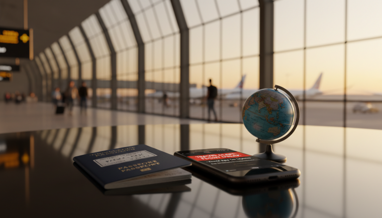 Royal Airport Concierge Blog Post Image Cover with an airport and a desj with a passpor, a phone and word globe on it.