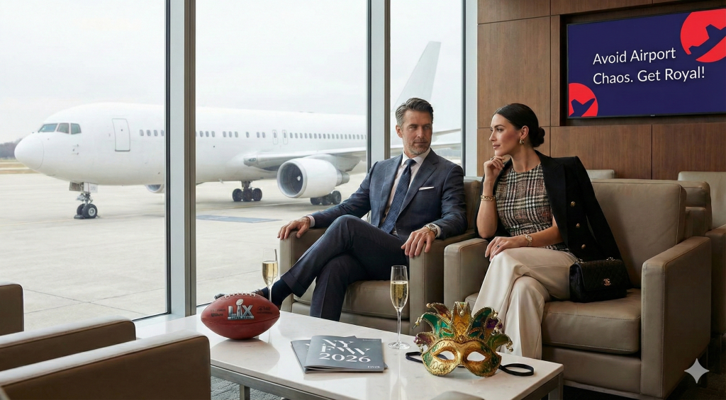 Couple waiting comfortably in lounge area enjoying Royal Airport Concierge services