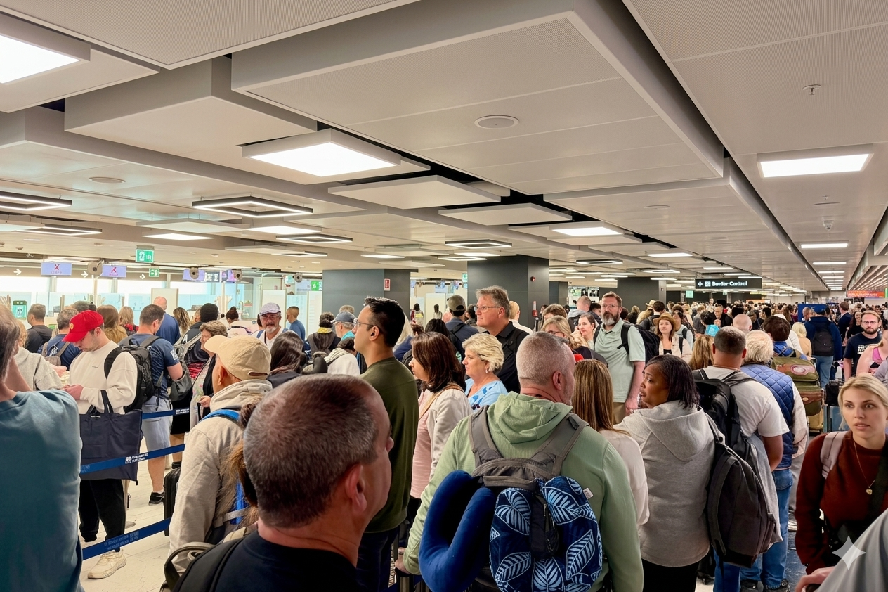 EES airport assistance: a Royal Airport Concierge greeter escorts a U.S. traveler past a biometric EES kiosk at a European airport