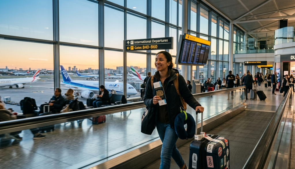 International TRavel, lady in the airport heading to her next destination