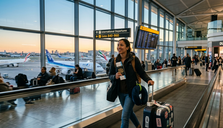 International TRavel, lady in the airport heading to her next destination